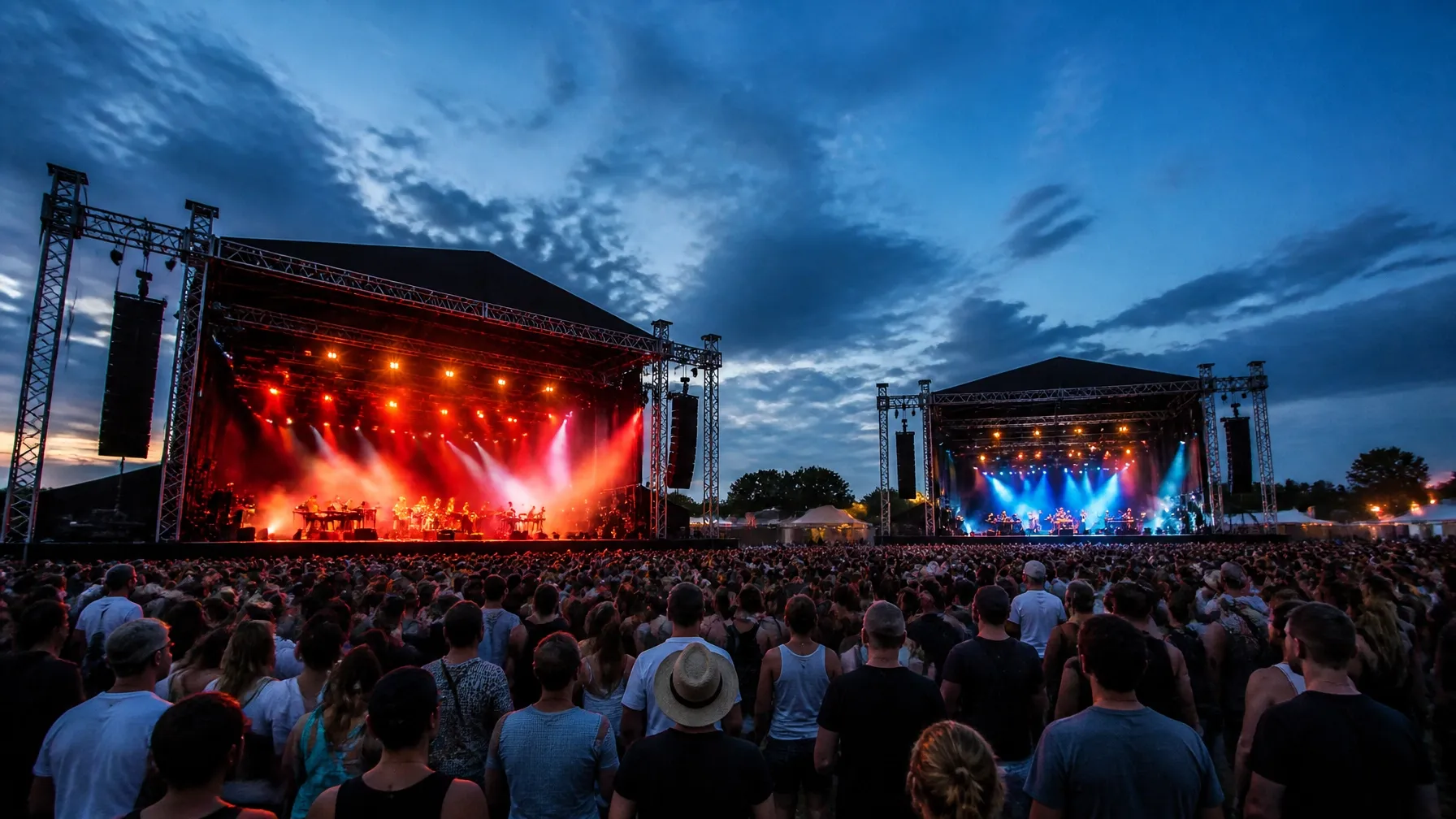 Outdoor multi-stage music festival with a crowd, lighting truss, and professional production stages at blue hour