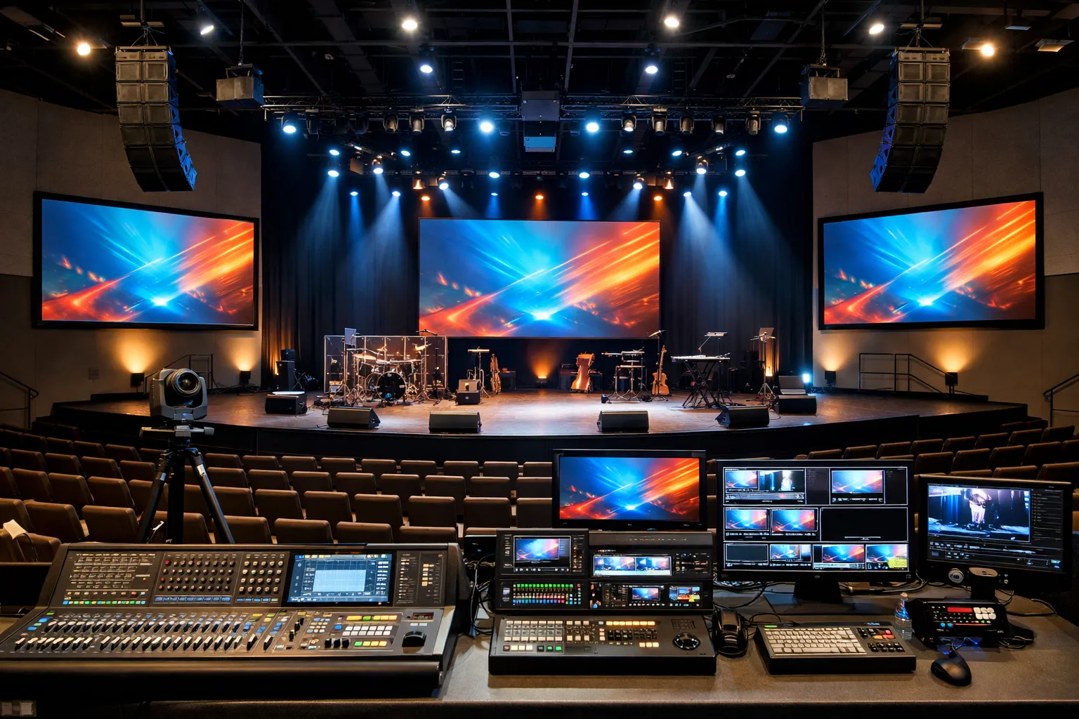Integrated audio, video, lighting, and production systems in a performance environment